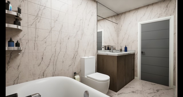 bathroom with a washtub, tile walls, toilet, and vanity