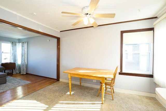 dining area with ceiling fan, light wood-type flooring, and crown molding