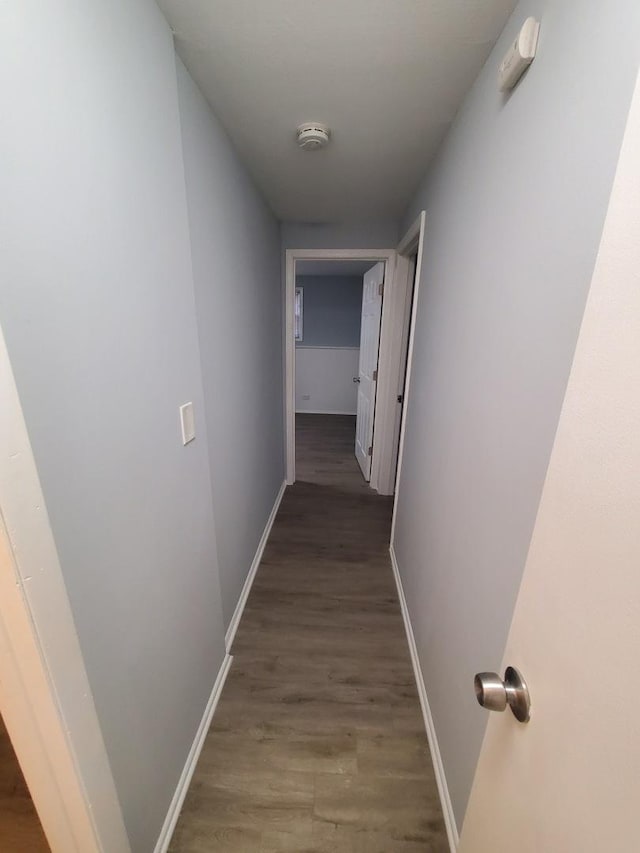 hallway with dark hardwood / wood-style flooring