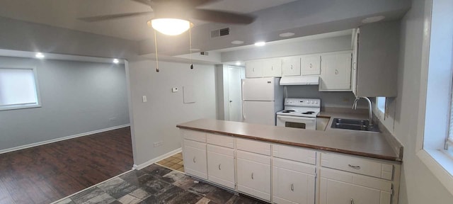 kitchen featuring white appliances, white cabinetry, sink, kitchen peninsula, and ceiling fan