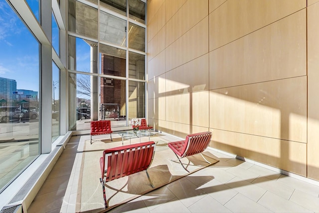 interior space with a balcony