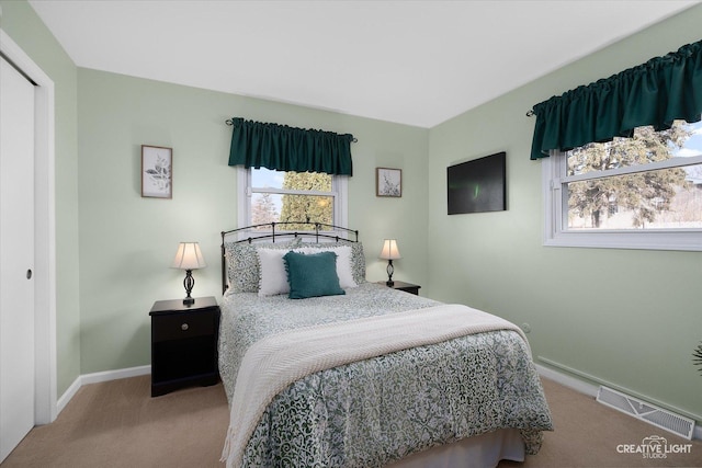 carpeted bedroom with a closet