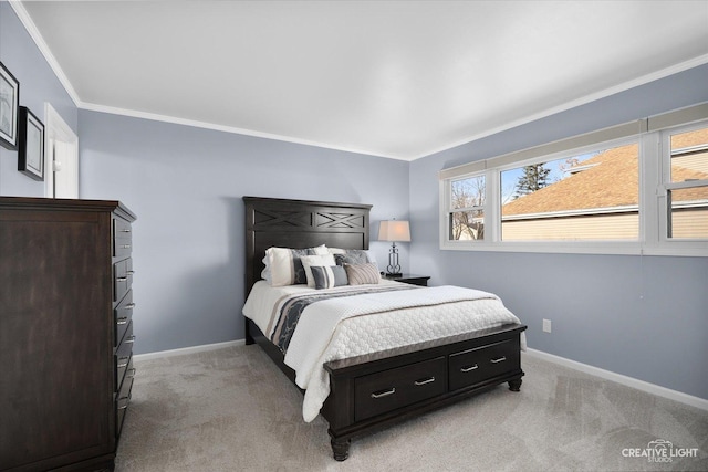 bedroom with ornamental molding and light colored carpet