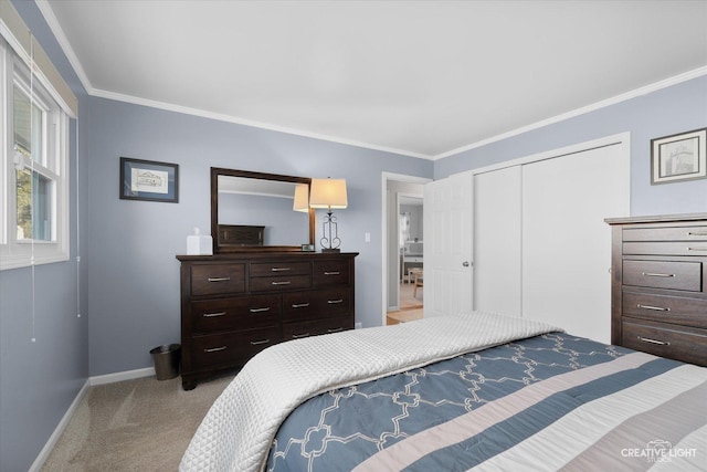 bedroom with a closet, crown molding, and light colored carpet