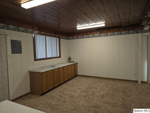 interior space featuring light colored carpet, wooden ceiling, electric panel, and wood walls