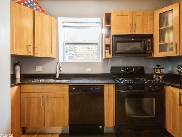 kitchen featuring dark stone countertops, sink, and black appliances