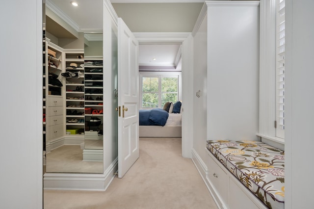 walk in closet featuring light carpet