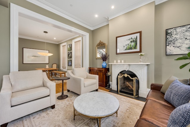 living room with ornamental molding