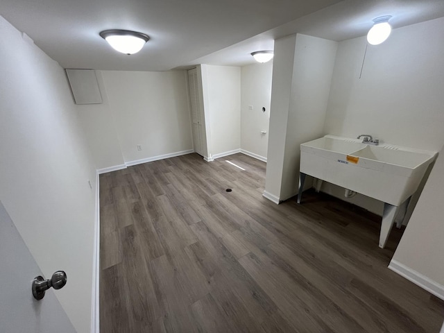 basement featuring dark hardwood / wood-style flooring