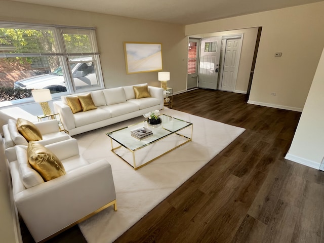 living room with dark hardwood / wood-style flooring