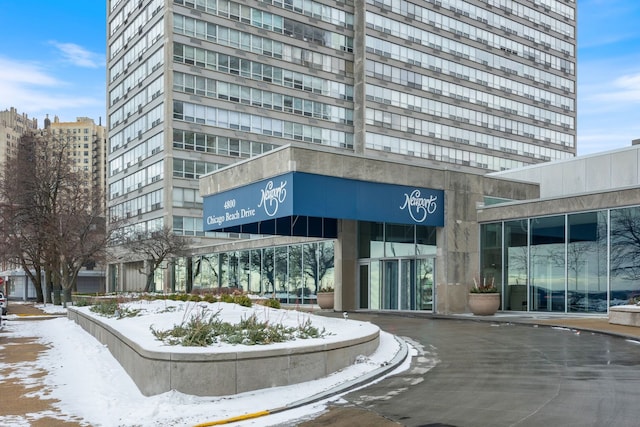 view of snow covered building