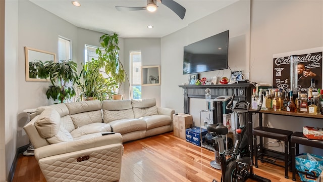 living room featuring ceiling fan and hardwood / wood-style floors