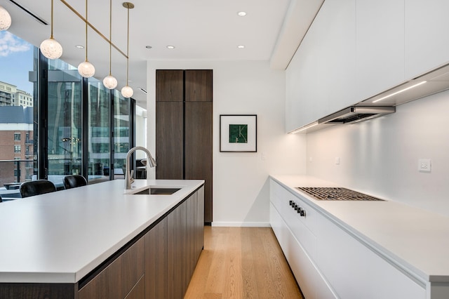 kitchen featuring sink, white cabinetry, dark brown cabinets, an island with sink, and pendant lighting