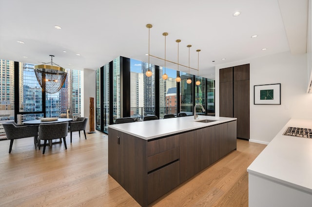 kitchen with pendant lighting, sink, expansive windows, an island with sink, and light wood-type flooring