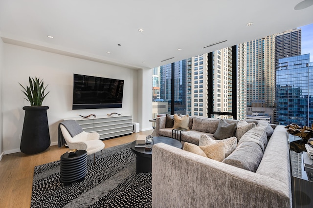 living room with floor to ceiling windows and light hardwood / wood-style flooring