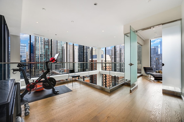 exercise room with light hardwood / wood-style floors