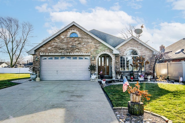 view of front of property featuring a garage, a front yard, and french doors