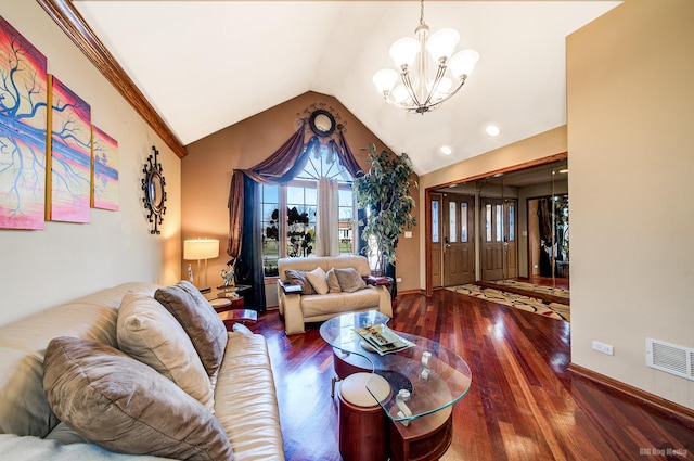 living room featuring lofted ceiling, a notable chandelier, and dark hardwood / wood-style floors