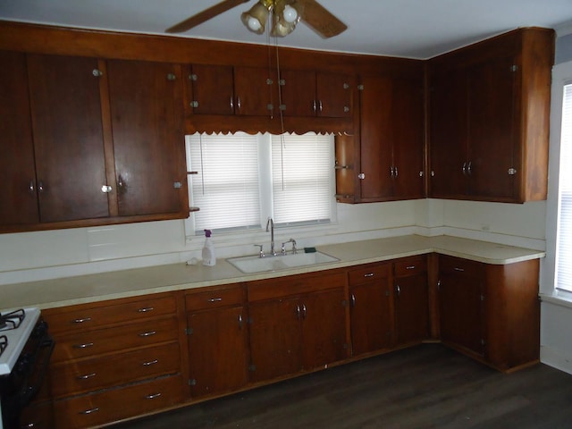 kitchen featuring ceiling fan, dark hardwood / wood-style floors, sink, and range with gas stovetop