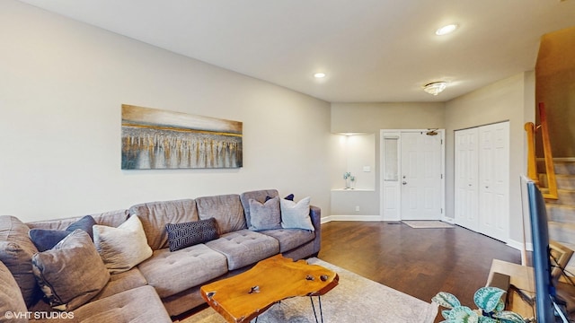 living room with dark wood-type flooring