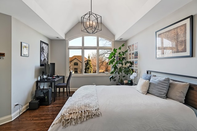 bedroom featuring a notable chandelier, vaulted ceiling, and dark hardwood / wood-style flooring