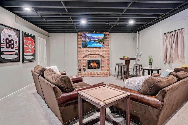 carpeted living room with a fireplace