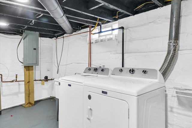 laundry area with washing machine and dryer and electric panel