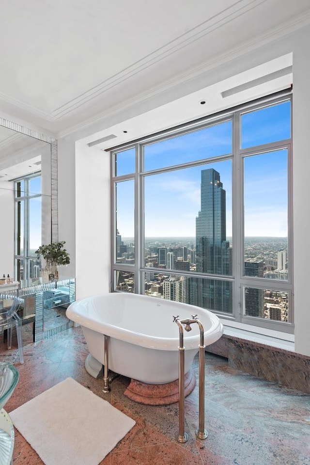 bathroom featuring plenty of natural light, a wall of windows, ornamental molding, and a bathing tub