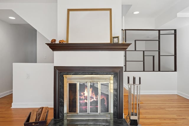 interior details featuring wood-type flooring and a high end fireplace