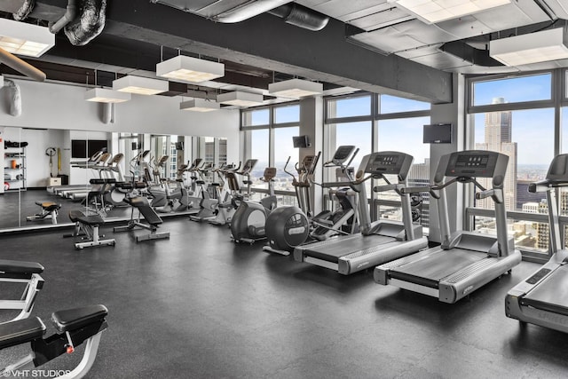 workout area featuring a wall of windows and a towering ceiling