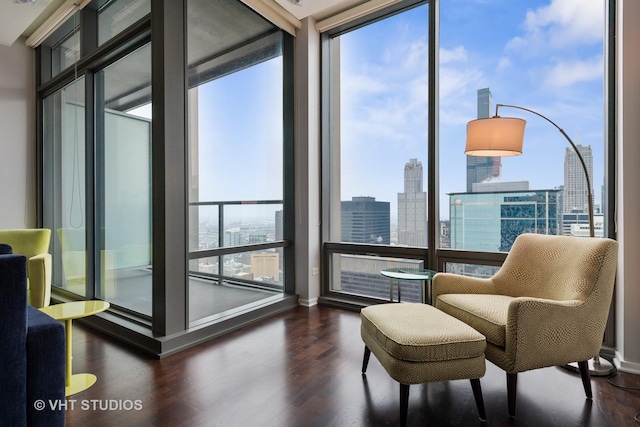 sitting room with dark hardwood / wood-style flooring, a wealth of natural light, and a wall of windows