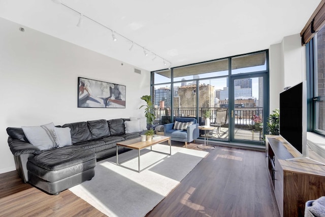 living room with track lighting, dark hardwood / wood-style floors, and expansive windows