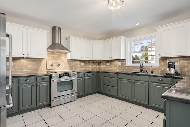 kitchen with stainless steel appliances, white cabinetry, sink, and wall chimney exhaust hood