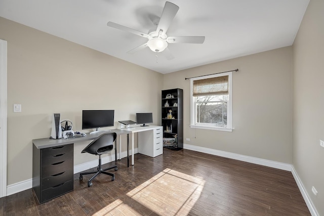 office area with dark hardwood / wood-style floors and ceiling fan