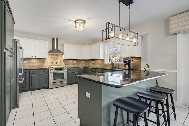 kitchen featuring gray cabinetry, white cabinets, wall chimney range hood, and high quality appliances