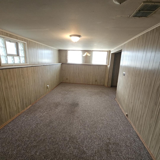 unfurnished room featuring carpet and wood walls