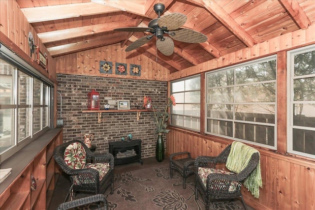 sunroom with ceiling fan, wood walls, wooden ceiling, and a wood stove