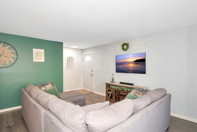 living room with dark hardwood / wood-style flooring