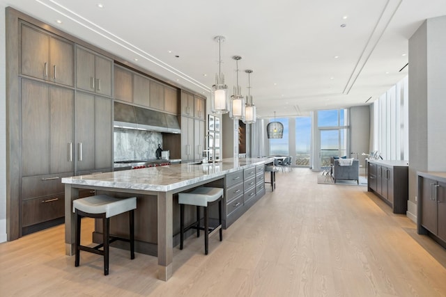 14 W Superior St Unit 6900, Chicago, IL 60654 - kitchen featuring a kitchen bar, expansive windows, hanging light fixtures, light hardwood / wood-style floors, and a spacious island