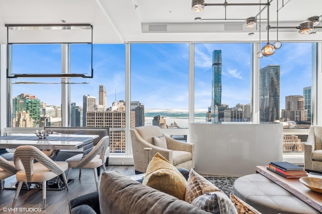 sunroom with a water view