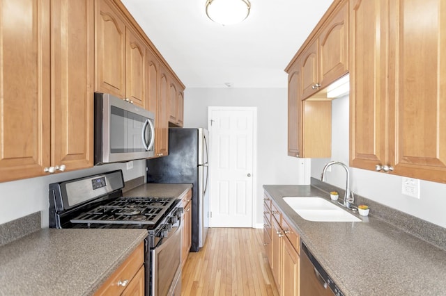 kitchen featuring appliances with stainless steel finishes, light hardwood / wood-style floors, and sink