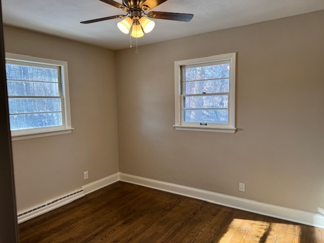 unfurnished room featuring ceiling fan, dark hardwood / wood-style flooring, and a baseboard radiator