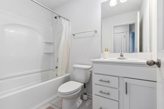 full bathroom featuring vanity, tile patterned flooring, shower / bath combination with curtain, and toilet