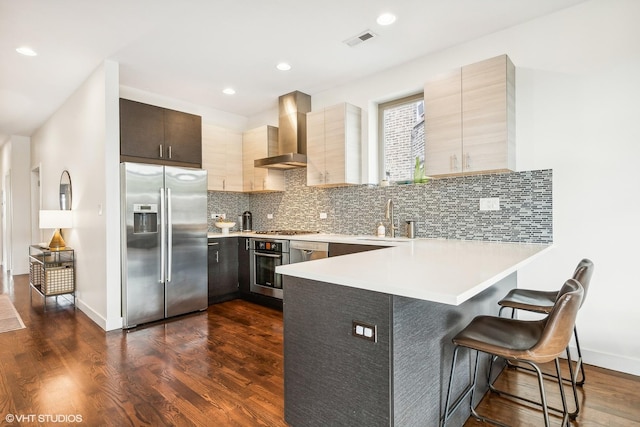 kitchen with appliances with stainless steel finishes, wall chimney exhaust hood, dark hardwood / wood-style flooring, tasteful backsplash, and sink