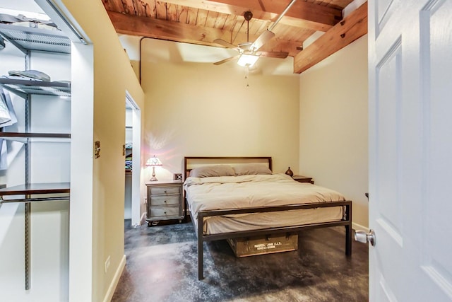 bedroom featuring wooden ceiling, beam ceiling, and ceiling fan