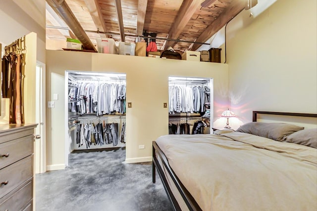 bedroom featuring wooden ceiling and beamed ceiling