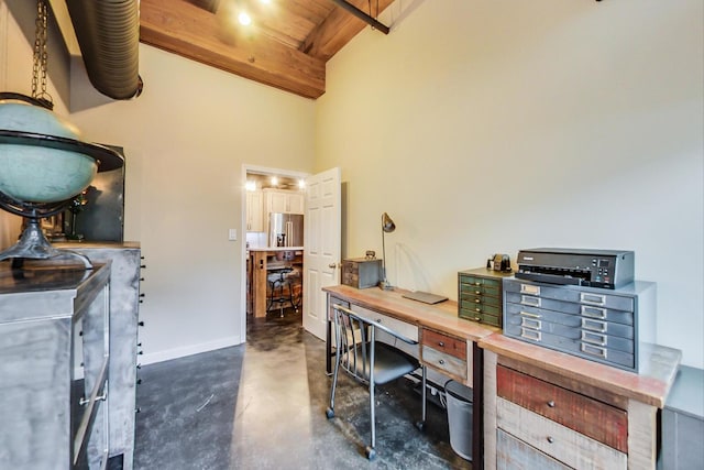 office featuring a high ceiling, wooden ceiling, and beam ceiling