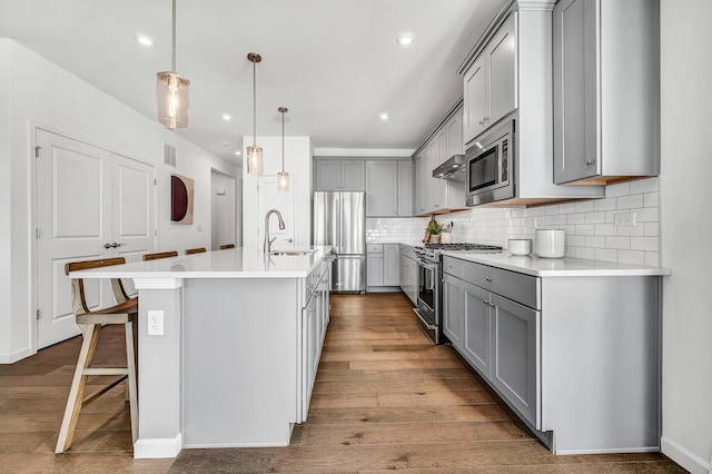 kitchen with sink, stainless steel appliances, gray cabinetry, and a kitchen island with sink