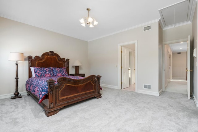 bedroom with crown molding, carpet floors, and a notable chandelier