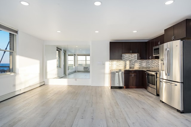 kitchen featuring stainless steel appliances, tasteful backsplash, dark brown cabinets, and light hardwood / wood-style flooring